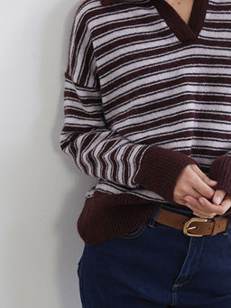 Polo Yaka ?izgili Oversize Kad?n Triko Kazak