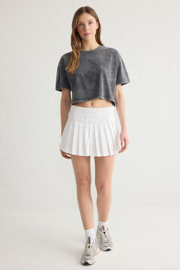 Premium Antrasit Y?kamal? %100 Kal?n Pamuklu Crop Orme T-Shirt TWOSS23TS00038