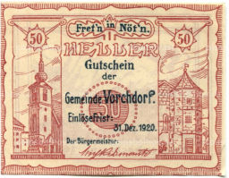 Банкнота 50 геллеров 1920 года Австрия  Форхдорф (нотгельд)