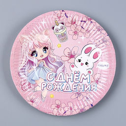 Набор бумажной посуды Аниме, розовый: 6 тарелок, 1 гирлянда, 6 стаканов - Страна карнавалия фото 2