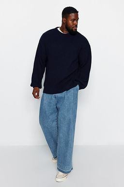 Lacivert B_y_k Beden Oversize Fit Geni_ Kal_p Bisiklet Yaka Basic Triko Kazak TMNAW24AN00001 - Trendyolmilla фото 2