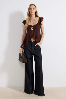 Kahverengi Fitted/Vucuda Oturan V Yaka Dugmeli Volanl?/F?rf?rl? Tul Orme Bluz TWOSS26BZ00189 - Trendyolmilla фото 2