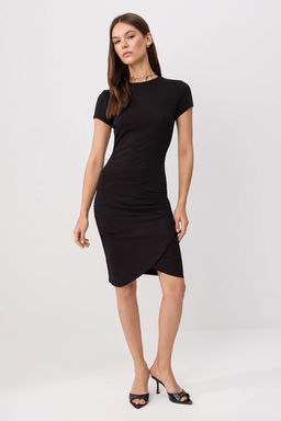 Siyah D_z Bodycon Bisiklet Yaka Standart Kol K_sa Mini Pamuklu Esnek _rme Elbise TWOSS26EL00772
