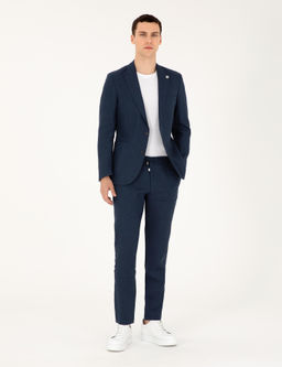 Lacivert Ex. Slim Fit %100 Keten Tak_m Elbise