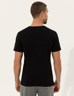 Siyah Slim Fit Bask_l_ Bisiklet Yaka Ti__rt