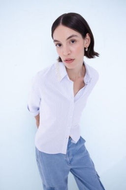 Oversize Genis Kal?p Cizgili Yaka Boncuk Detay Oxford Uzun Kollu Gomlek