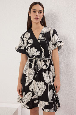 Siyah Kusakl? Cicekli F?rf?rl? Mini Dokuma Elbise TWOSS24EL00760