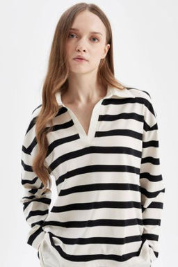 Regular Fit Cizgili Polo Yaka Etek Ucu Detayl? Uzun Kollu Tisort Tunik
