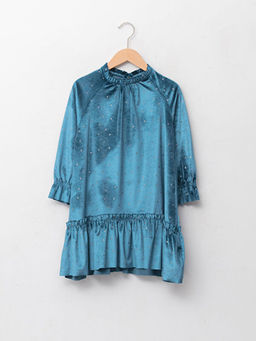 Dik Yaka Bask?l? Uzun Kollu Kadife K?z ?ocuk Elbise