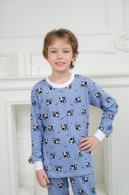 Пижама детская из джемпера и брюк из кулирки Коровы голубой - Амадэль фото 17