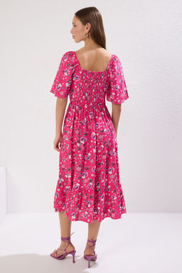 Pembe A Kesim Balon Kollu Cicek Desenli Midi Dokuma Elbise TWOSS20EL2323