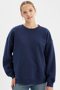 Oversize Genis Kal?p Bisiklet Yaka Kal?n Basic Duz Sweatshirt