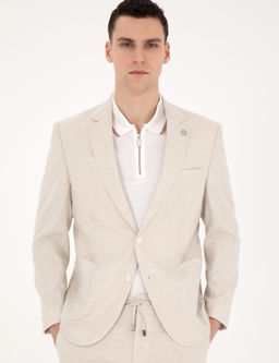 Bej Slim Fit Keten Kar___ml_ _izgili Tak_m Elbise