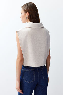 Bej Melanj Relaxed/Rahat Kal?p Fermuarl? Dik Yaka Ay Kol Kal?n Yelek TWOSS24YE00011