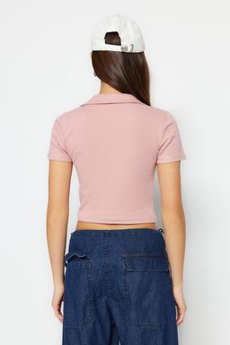 Trendyolmilla Siyah Fitted/Vucuda Oturan Crop Polo Yaka Fitilli Esnek Orme Bluz TWOSS21BZ0038  фото 13