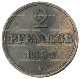 Монета 2 пфеннига 1851 года B Германские государства  Ганновер