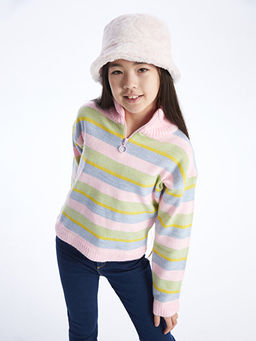 Bal?k?? Yaka Renk Bloklu K?z ?ocuk Triko Kazak