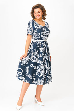 Платье Swallow 856 глубинно--синий в белый принт цветы  фото 8