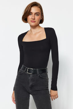 Trendyolmilla Siyah Pamuklu Esnek Kare Yaka Fitted/Vucuda Oturan Esnek Bluz TWOAW24BZ00165  фото 2