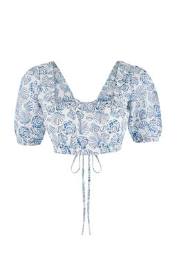 Su Alt? Desenli Dokuma Baglama Detayl? Balon Kollu Super Crop 100% Pamuk Plaj Bluz TBESS26BZ00013