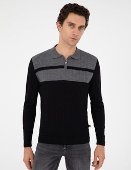 Черный трикотажный свитер приталенного кроя с воротником-поло и молнией - Cacharel фото 3