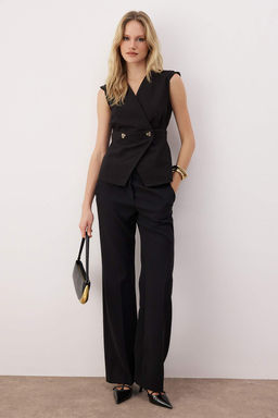 Siyah Kemik Dugme Detayl? Kruvaze Dokuma Bluz TWOSS20BZ0707