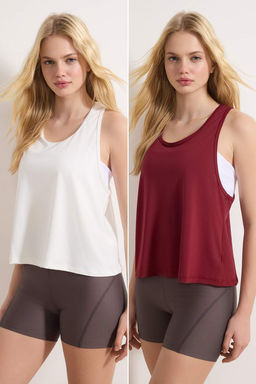 Ekru-Bordo 2li Micro Kumas Orme Spor T-Shirt THMSS26TS00001