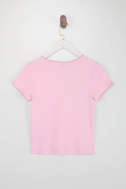 Pembe Dugmeli Vucuda Oturan Bisiklet Yaka K?sa Kol Fitilli Esnek Orme Bluz TWOSS25BZ00548