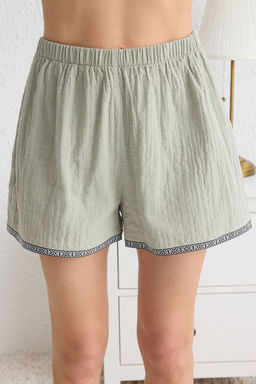 Trendyolmilla Yesil %100 Pamuklu Etnik Serit Aksesuarl? Muslin Sortlu Dokuma Pijama Tak?m? THMSS25PT00135  фото 4