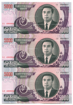 5000 вон 2006 года Северная Корея Лист из трех банкнот
