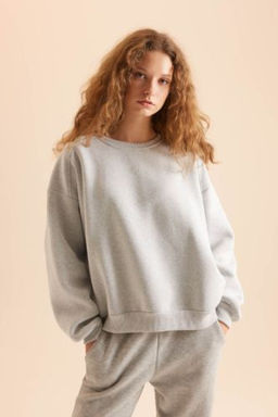 Coool Oversize Genis Kal?p Bisiklet Yaka Basic Duz Kal?n Gri Sweatshirt