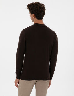 Koyu Kahverengi Slim Fit Polo Yaka Fermuarl_ Basic Triko Kazak - Pierre cardin фото 5