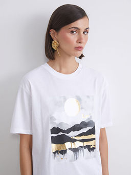 Bisiklet Yaka Bask?l? Oversize Kad?n Ti??rt