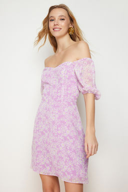 Lila Cicek Desenli A-Kesim Sifon Astarl? Mini Dokuma Elbise TWOSS23EL00512 - Trendyolmilla фото 3