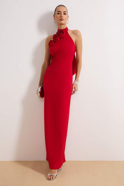 K?rm?z? Dokuma S?k Abiye Gece Mezuniyet Elbisesi TPRSS24AE00011