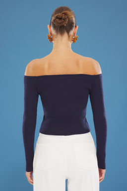 Lacivert Cicek Dugmeli Kay?k Yaka Kazak TWOSS25KZ00000 - Trendyolmilla фото 5