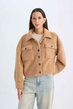 Relax Fit Polo Yaka Dugmeli Cepli Welsoft Pelus Gomlek Ceket