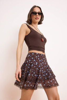 Cok Renkli Cicekli Skater Dantel Detayl? Normal Bel Mini Tul Orme Etek TWOSS26ET00091