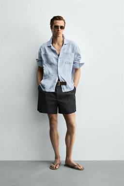 CAMISA RELAXED FIT 100% LINO PLIEGUES / Celeste