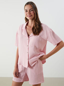 G?mlek Yaka M?slin Kad?n ?ortlu Pijama Tak?m?