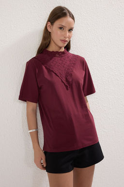 Bordo Brodeli Dik Yaka Basic Regular/Normal Kal?p Pamuklu Orme Bluz TWOSS23BZ00879