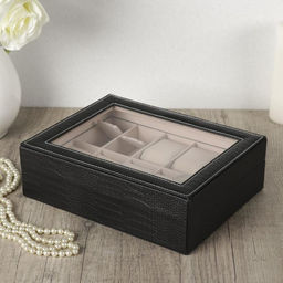 Шкатулка кожзам под часы 6 отделений и бижутерию Чёрная с белой строчкой 7,7х25,5х20 см - Simaland фото 2
