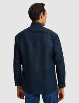 Lacivert Regular Fit Yakas_ D__meli Saf Keten G_mlek