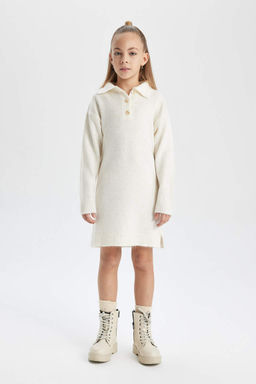 Трикотажное платье с воротником-поло для девочек и длинными рукавами