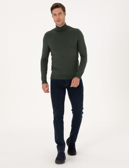 Koyu Haki Slim Fit Bal_k__ Yaka Basic Triko Kazak