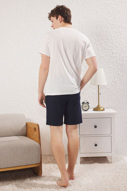 TRENDYOL MAN Ekru - Lacivert Regular Fit Bask?l? Alt Waffle Orme Sortlu Pijama Tak?m? TMNSS25PT00025 - Trendyolmilla фото 4