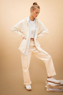 Gabardin Pantolon Straight Fit Standart Boy Yuksek Bel Kargo Cepli