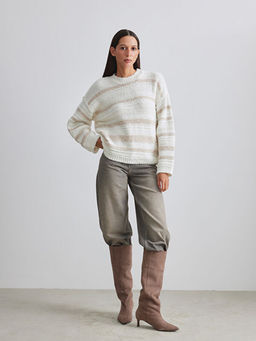 Bisiklet Yaka ?izgili Oversize Kad?n Triko Kazak