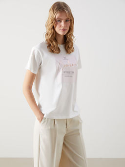 Bisiklet Yaka Bask?l? Kad?n Ti??rt