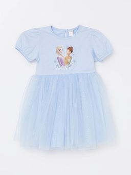 Bisiklet Yaka K?sa Kollu Elsa Bask?l? K?z Bebek Elbise